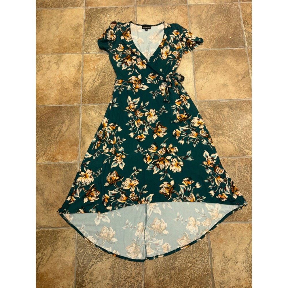 Fortune Ivy Green Floral High Low Wrap Dress Short Sleeve V-Neck Medium